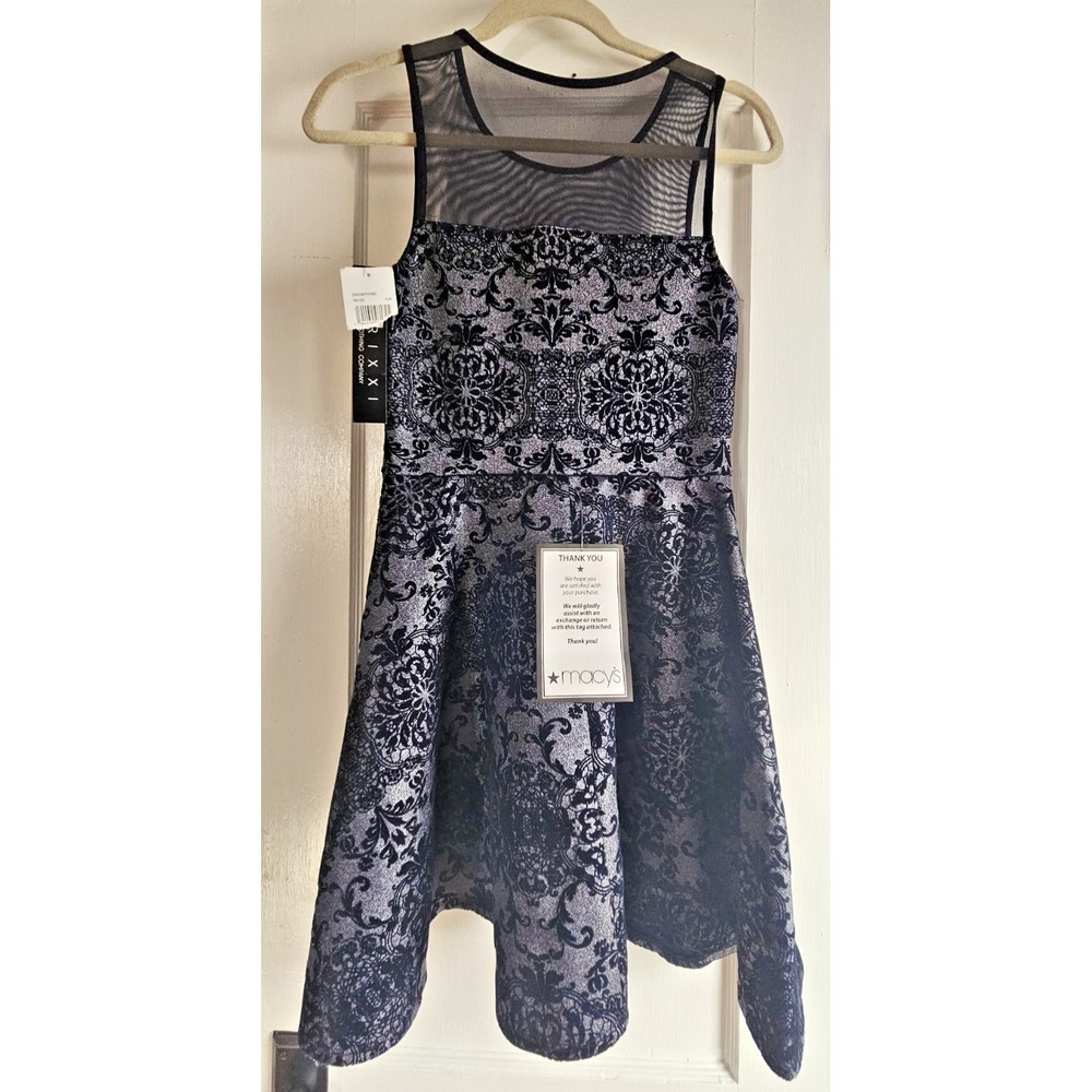 NWT Trixxi junior S floral flocked velvet fit flare illusion neck cocktail dress